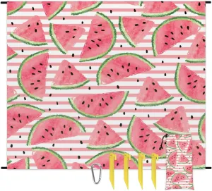 Beach Blanket, Cute Watermelon Sandproof Beach Mat, Waterproof Quick Drying Sand Free Mat with 4 x Ground Spikes for Outdoor Travel Camping Hiking, Striped 68 x 59 in