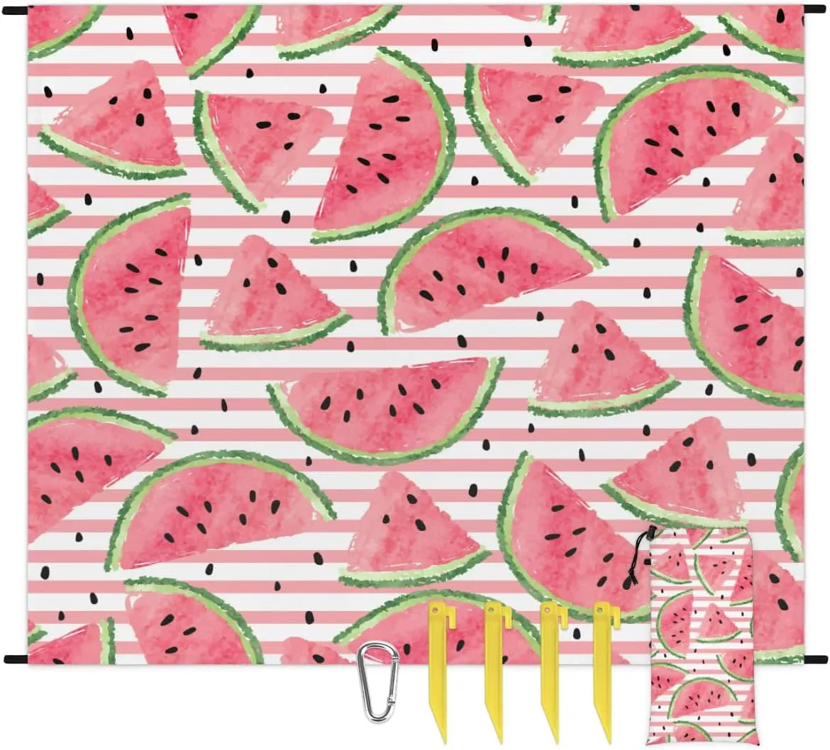 Beach Blanket, Cute Watermelon Sandproof Beach Mat, Waterproof Quick Drying Sand Free Mat with 4 x Ground Spikes for Outdoor Travel Camping Hiking, Striped 68 x 59 in