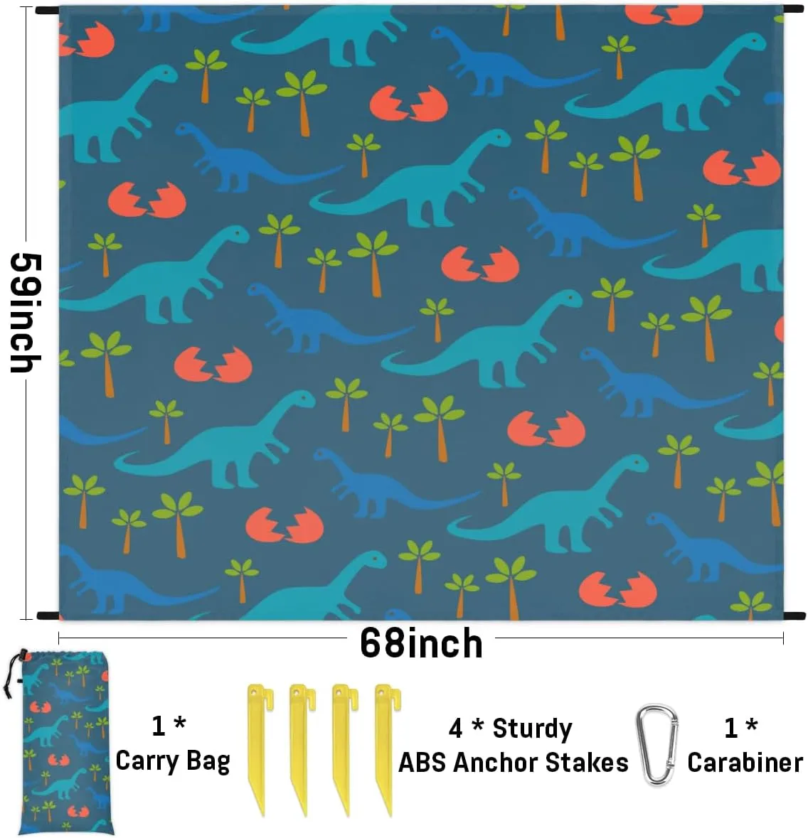Beach Blanket, Dinosaurs Baby with Tree Sandproof Beach Mat, Waterproof Quick Drying Sand Free Mat with 4 x Ground Spikes for Outdoor Travel Camping Hiking, Dinosaur Pattern 68 x 59 in