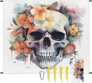 Beach Blanket, Funny Skull Sandproof Beach Mat, Waterproof Quick Drying Sand Free Mat with 4 x Ground Spikes for Outdoor Travel Camping Hiking, Rustic Skull Floral 68 x 59 in