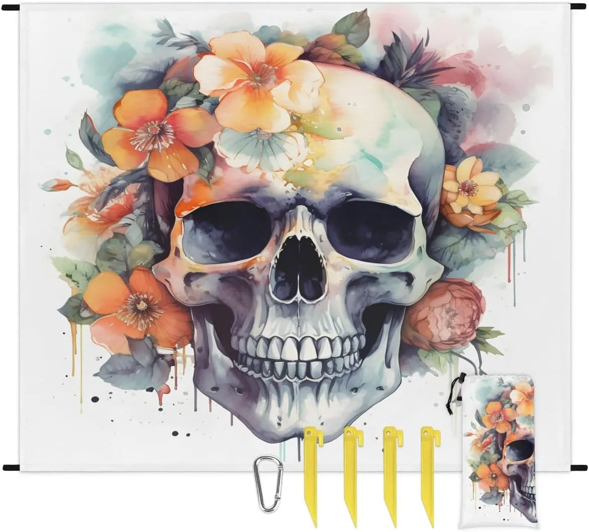 Beach Blanket, Funny Skull Sandproof Beach Mat, Waterproof Quick Drying Sand Free Mat with 4 x Ground Spikes for Outdoor Travel Camping Hiking, Rustic Skull Floral 68 x 59 in