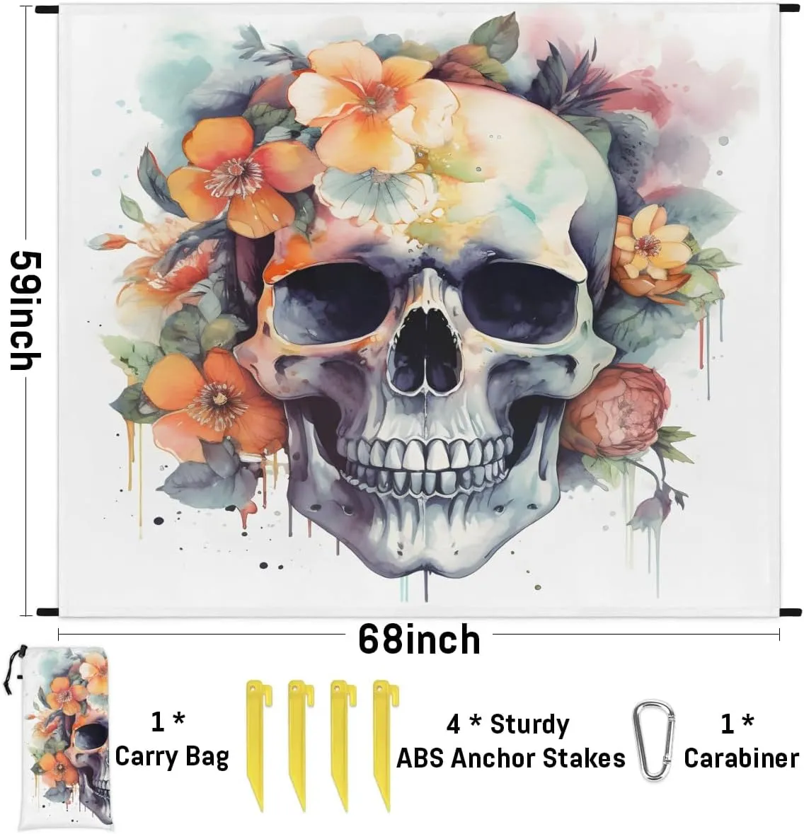 Beach Blanket, Funny Skull Sandproof Beach Mat, Waterproof Quick Drying Sand Free Mat with 4 x Ground Spikes for Outdoor Travel Camping Hiking, Rustic Skull Floral 68 x 59 in