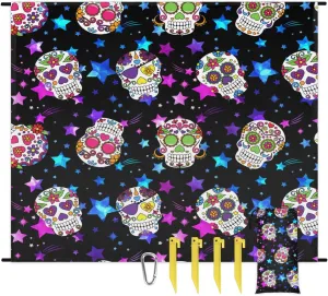 Beach Blanket, Goth Skull Sandproof Beach Mat, Waterproof Quick Drying Sand Free Mat with 4 x Ground Spikes for Outdoor Travel Camping Hiking, Skull Skeleton 68 x 59 in