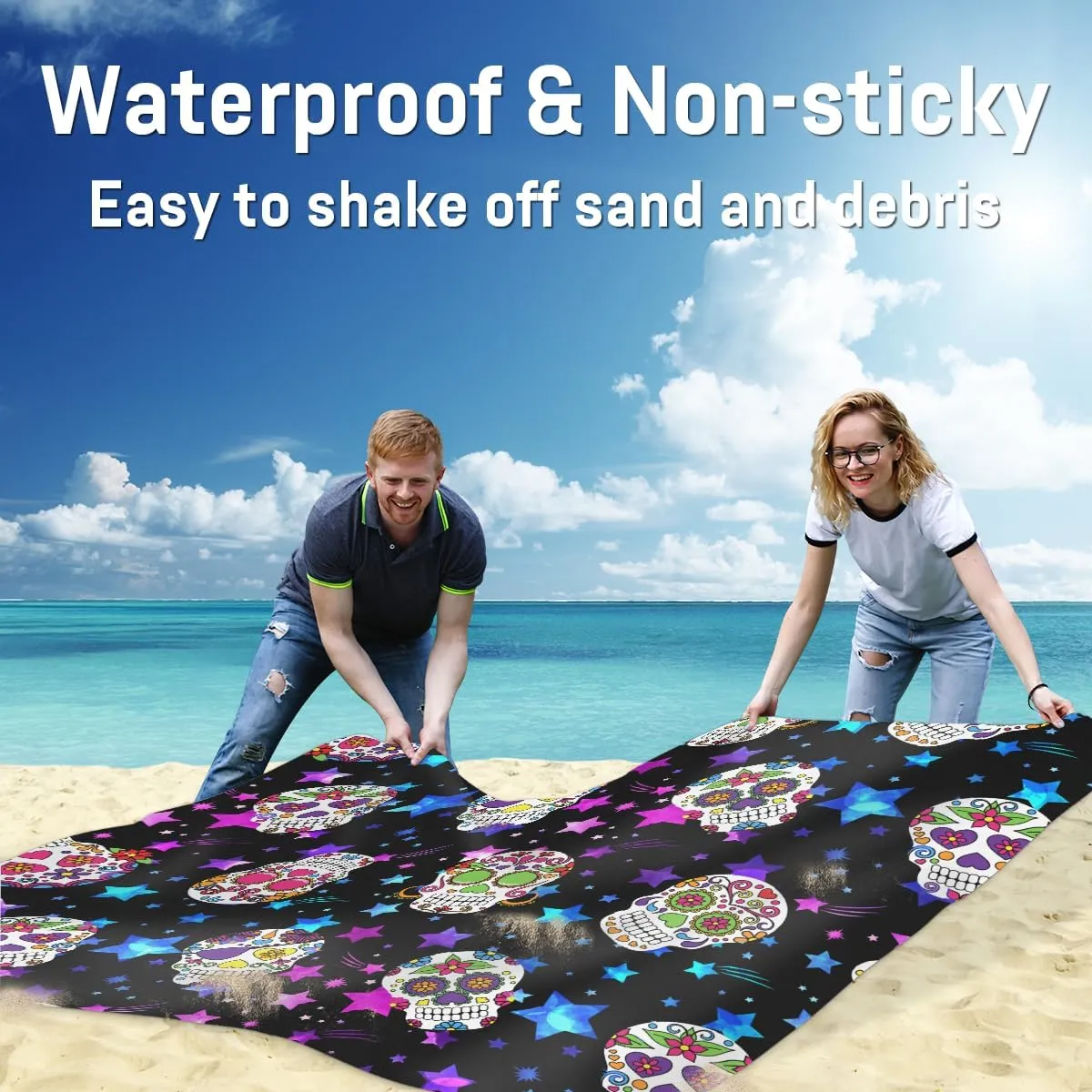 Beach Blanket, Goth Skull Sandproof Beach Mat, Waterproof Quick Drying Sand Free Mat with 4 x Ground Spikes for Outdoor Travel Camping Hiking, Skull Skeleton 68 x 59 in