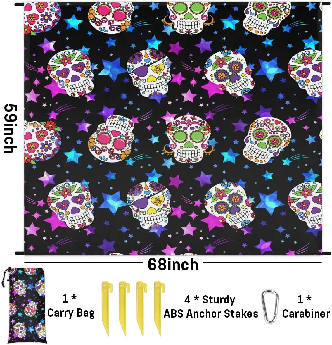 Beach Blanket, Goth Skull Sandproof Beach Mat, Waterproof Quick Drying Sand Free Mat with 4 x Ground Spikes for Outdoor Travel Camping Hiking, Skull Skeleton 68 x 59 in