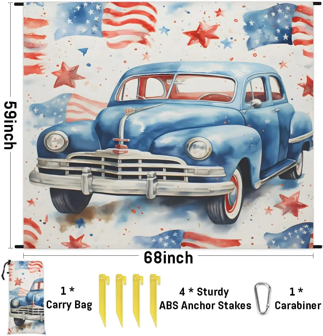 Beach Blanket, Independence Day Sandproof Beach Mat, Waterproof Quick Drying Sand Free Mat with 4 x Ground Spikes for Outdoor Travel Camping Hiking, American Flag Truck 68 x 59 in
