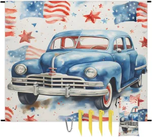Beach Blanket, Independence Day Sandproof Beach Mat, Waterproof Quick Drying Sand Free Mat with 4 x Ground Spikes for Outdoor Travel Camping Hiking, American Flag Truck 68 x 59 in