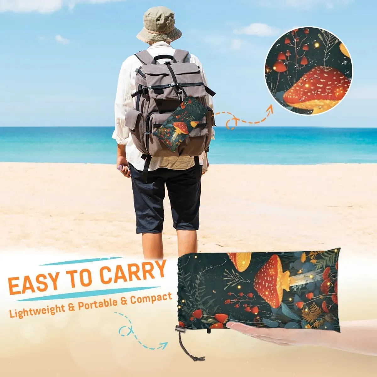 Beach Blanket, Mushroom Cute Sandproof Beach Mat, Waterproof Quick Drying Sand Free Mat with 4 x Ground Spikes for Outdoor Travel Camping Hiking, Mushrooms 68 x 59 in