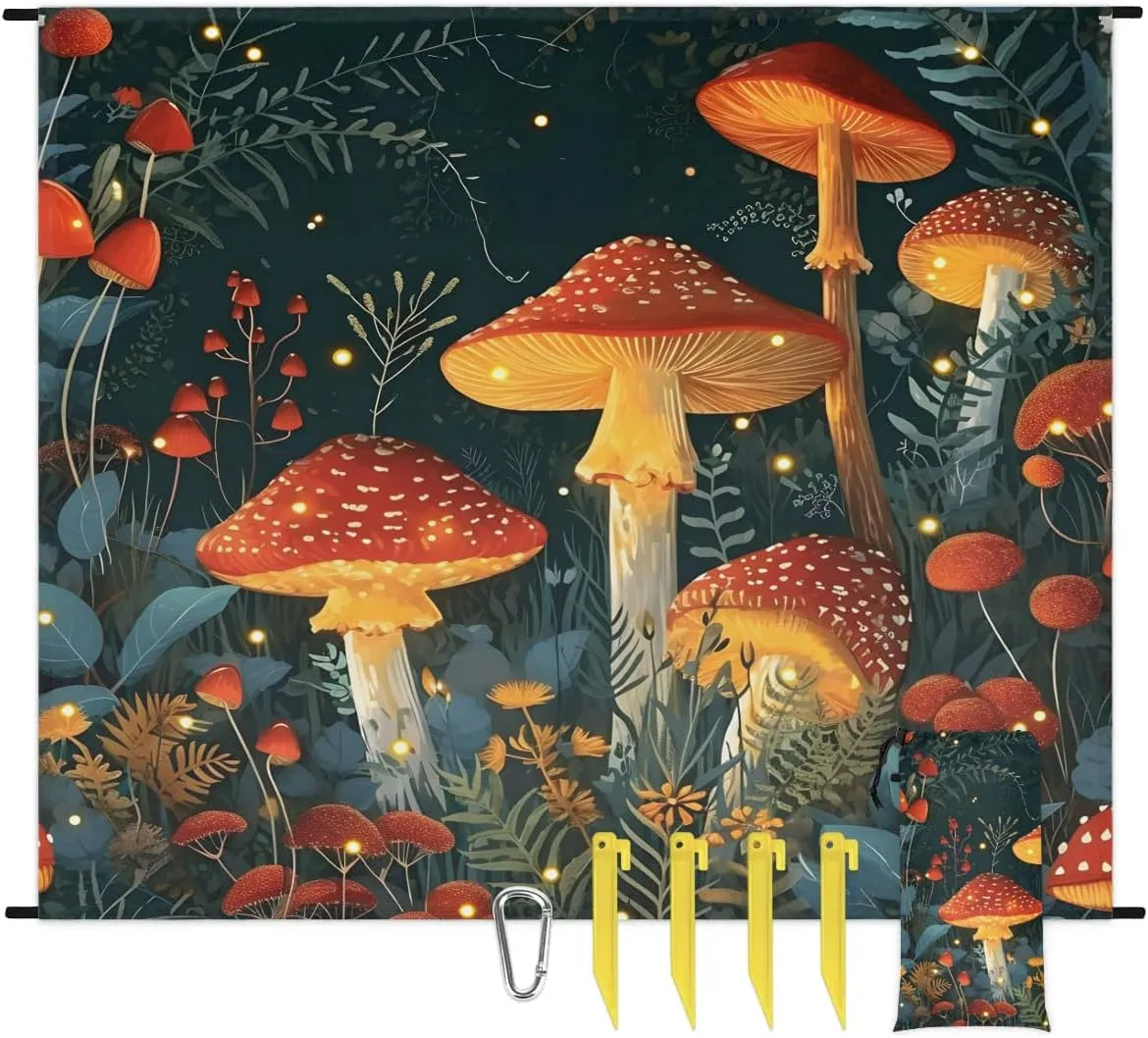 Beach Blanket, Mushroom Cute Sandproof Beach Mat, Waterproof Quick Drying Sand Free Mat with 4 x Ground Spikes for Outdoor Travel Camping Hiking, Mushrooms 68 x 59 in