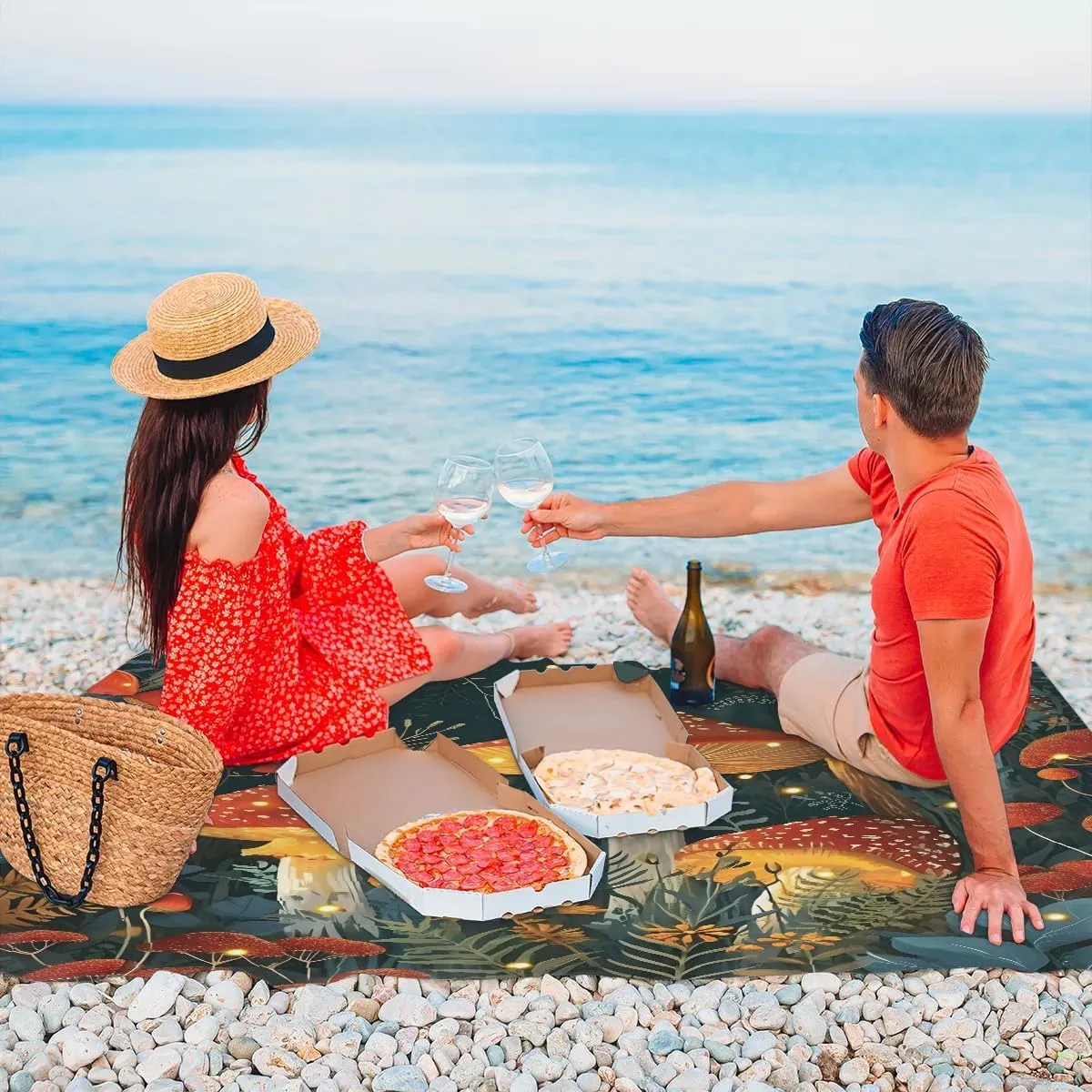 Beach Blanket, Mushroom Cute Sandproof Beach Mat, Waterproof Quick Drying Sand Free Mat with 4 x Ground Spikes for Outdoor Travel Camping Hiking, Mushrooms 68 x 59 in