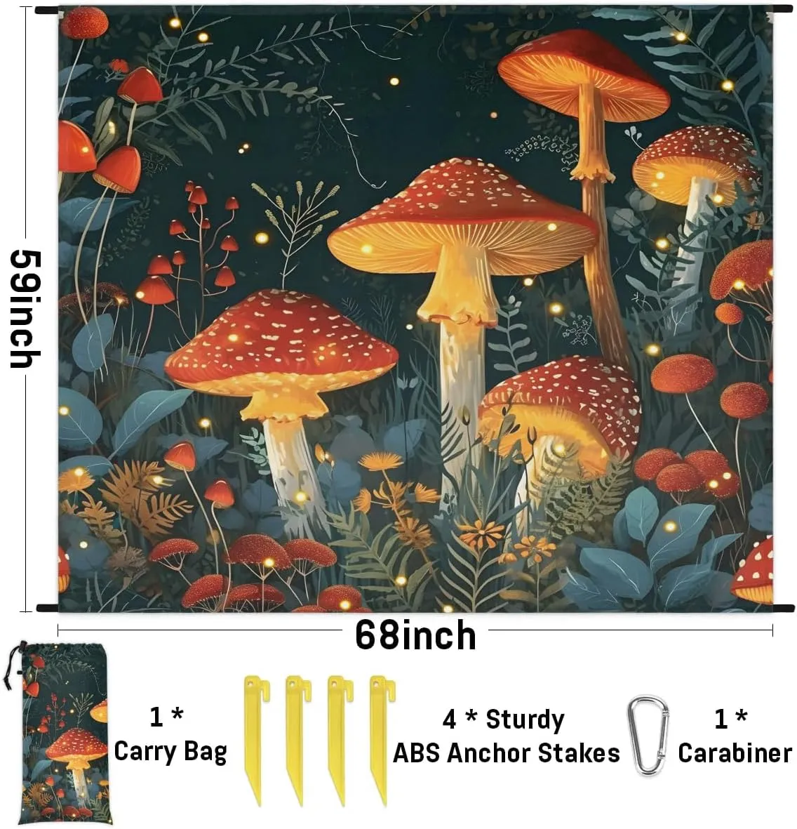Beach Blanket, Mushroom Cute Sandproof Beach Mat, Waterproof Quick Drying Sand Free Mat with 4 x Ground Spikes for Outdoor Travel Camping Hiking, Mushrooms 68 x 59 in
