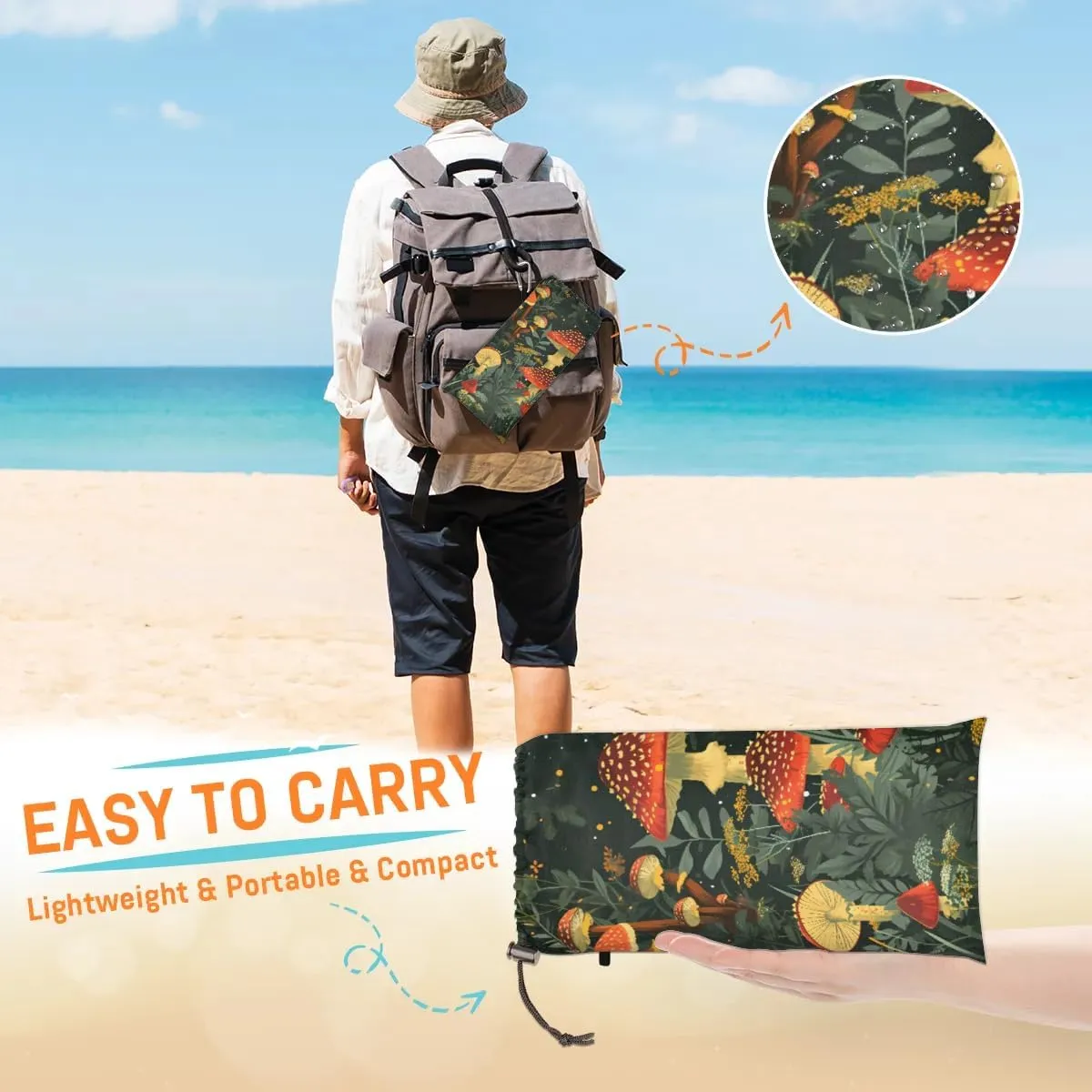 Beach Blanket, Mushroom Sandproof Beach Mat, Waterproof Quick Drying Sand Free Mat with 4 x Ground Spikes for Outdoor Travel Camping Hiking, Watercolor Mushroom 68 x 59 in
