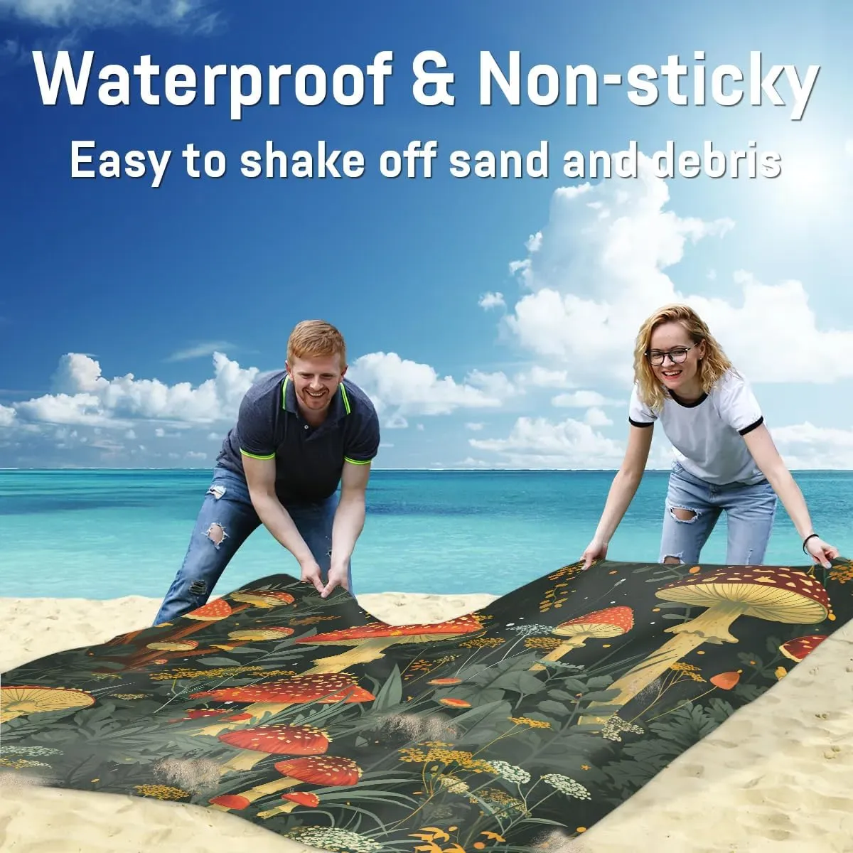 Beach Blanket, Mushroom Sandproof Beach Mat, Waterproof Quick Drying Sand Free Mat with 4 x Ground Spikes for Outdoor Travel Camping Hiking, Watercolor Mushroom 68 x 59 in
