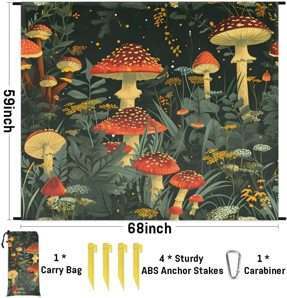 Beach Blanket, Mushroom Sandproof Beach Mat, Waterproof Quick Drying Sand Free Mat with 4 x Ground Spikes for Outdoor Travel Camping Hiking, Watercolor Mushroom 68 x 59 in