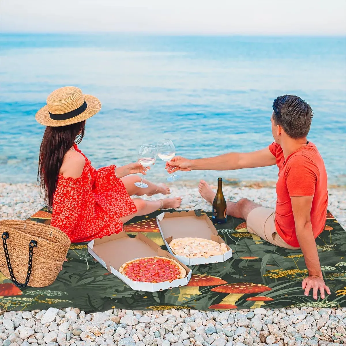 Beach Blanket, Mushroom Sandproof Beach Mat, Waterproof Quick Drying Sand Free Mat with 4 x Ground Spikes for Outdoor Travel Camping Hiking, Watercolor Mushroom 68 x 59 in