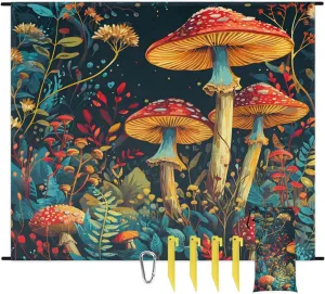 Beach Blanket, Mushrooms Wild Species Sandproof Beach Mat, Waterproof Quick Drying Sand Free Mat with 4 x Ground Spikes for Outdoor Travel Camping Hiking, Vintage Mushroom 68 x 59 in