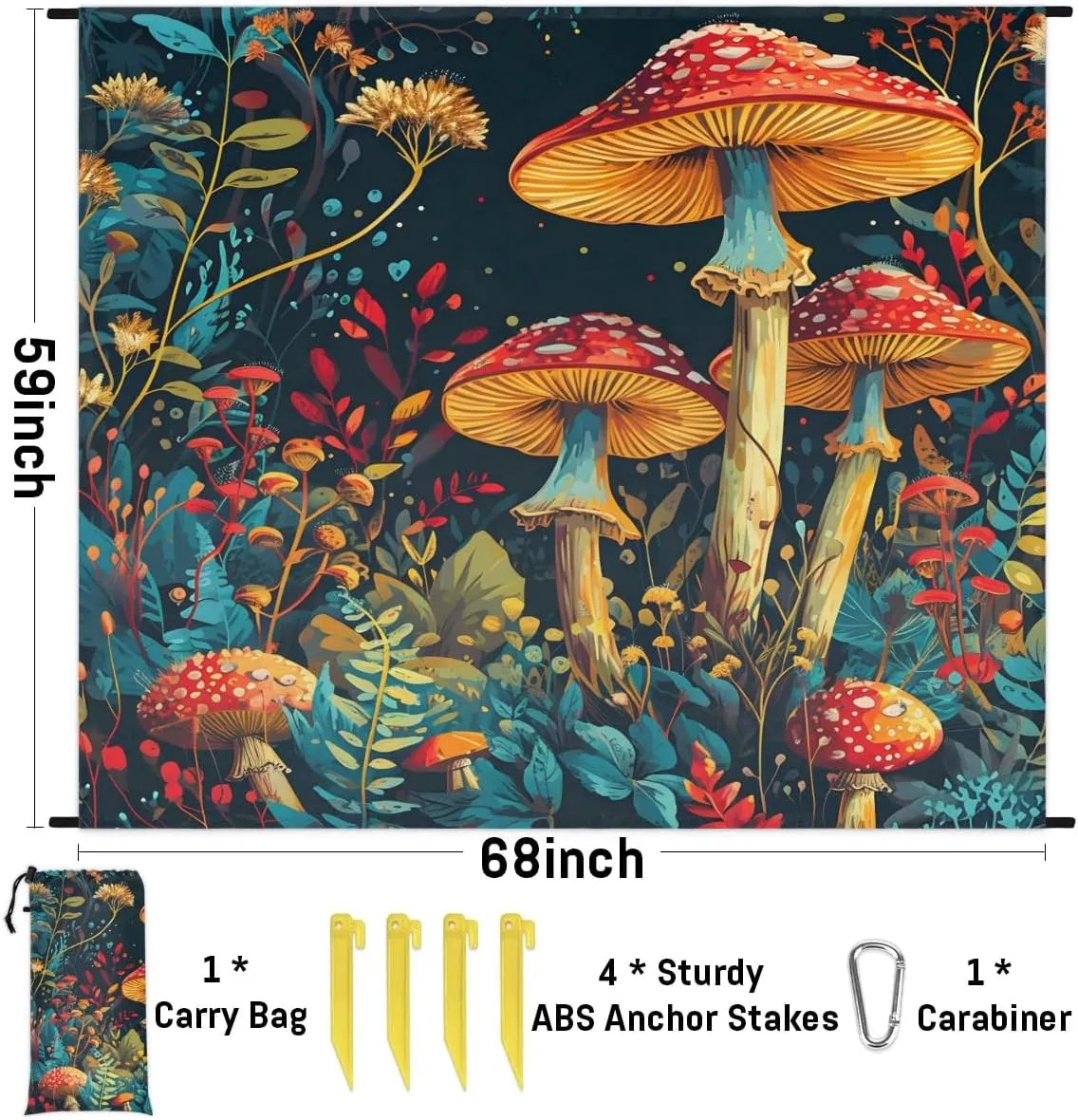 Beach Blanket, Mushrooms Wild Species Sandproof Beach Mat, Waterproof Quick Drying Sand Free Mat with 4 x Ground Spikes for Outdoor Travel Camping Hiking, Vintage Mushroom 68 x 59 in