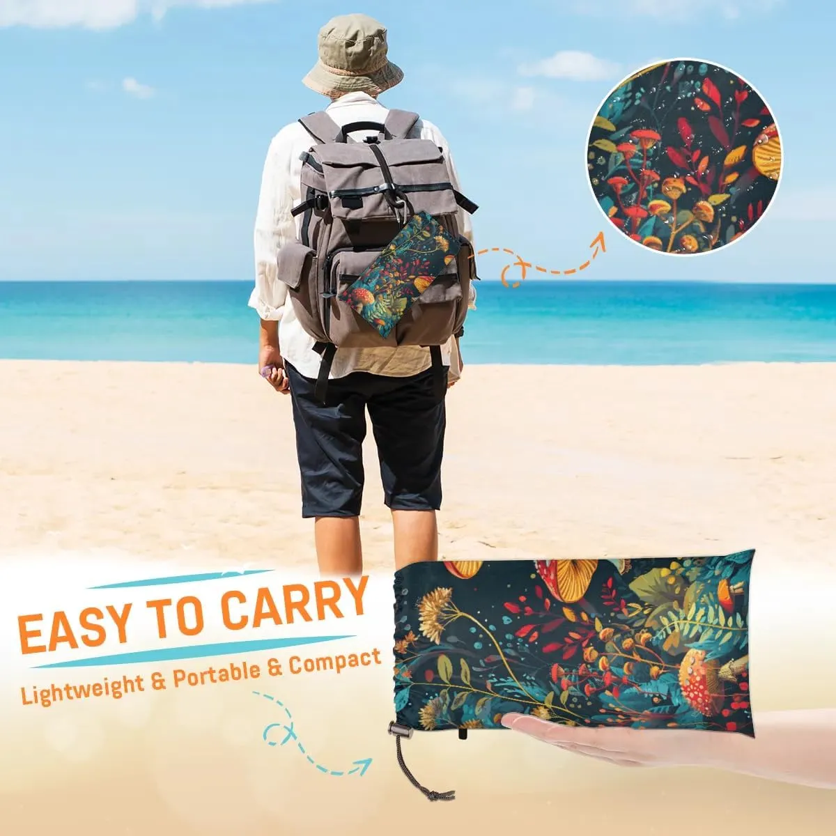 Beach Blanket, Mushrooms Wild Species Sandproof Beach Mat, Waterproof Quick Drying Sand Free Mat with 4 x Ground Spikes for Outdoor Travel Camping Hiking, Vintage Mushroom 68 x 59 in