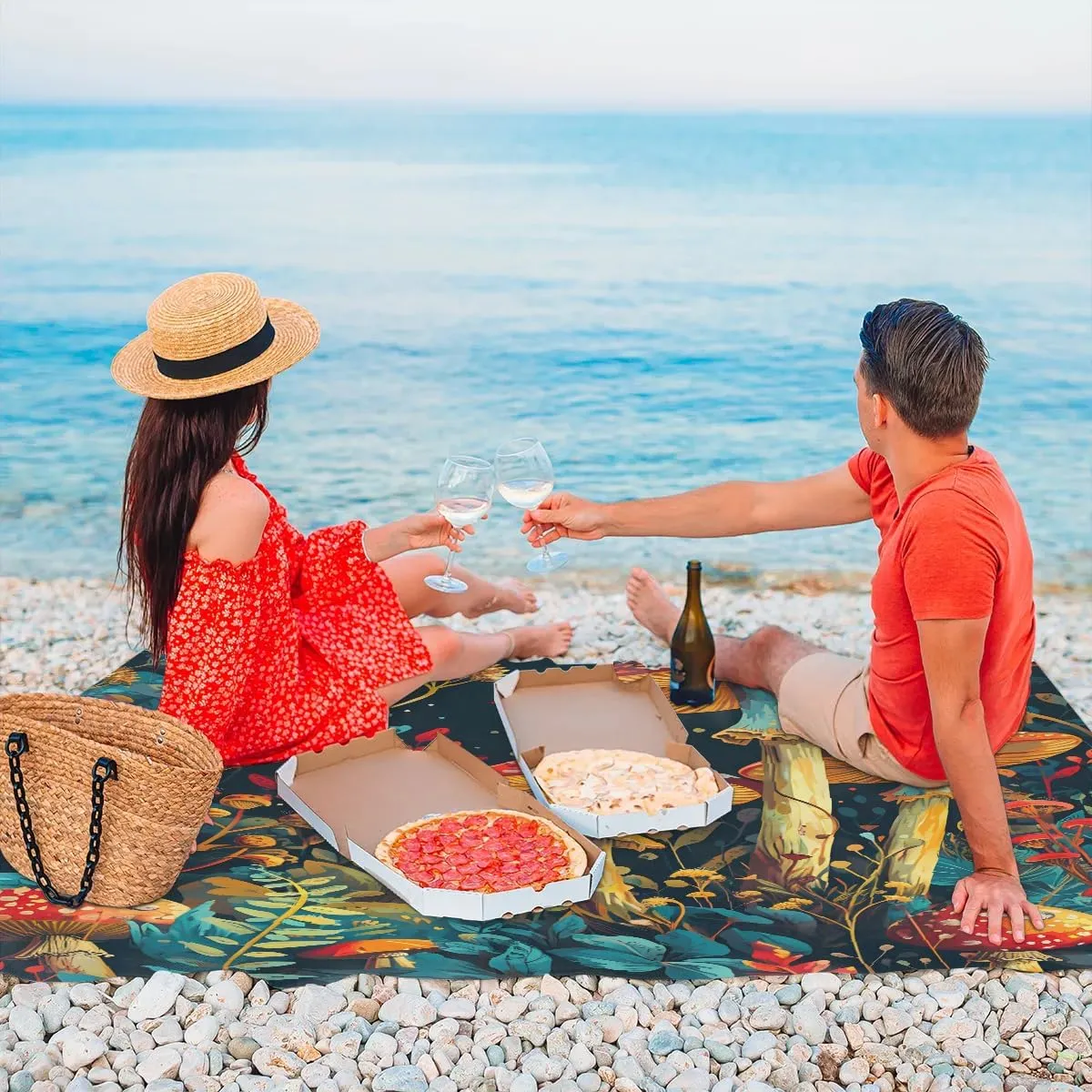 Beach Blanket, Mushrooms Wild Species Sandproof Beach Mat, Waterproof Quick Drying Sand Free Mat with 4 x Ground Spikes for Outdoor Travel Camping Hiking, Vintage Mushroom 68 x 59 in