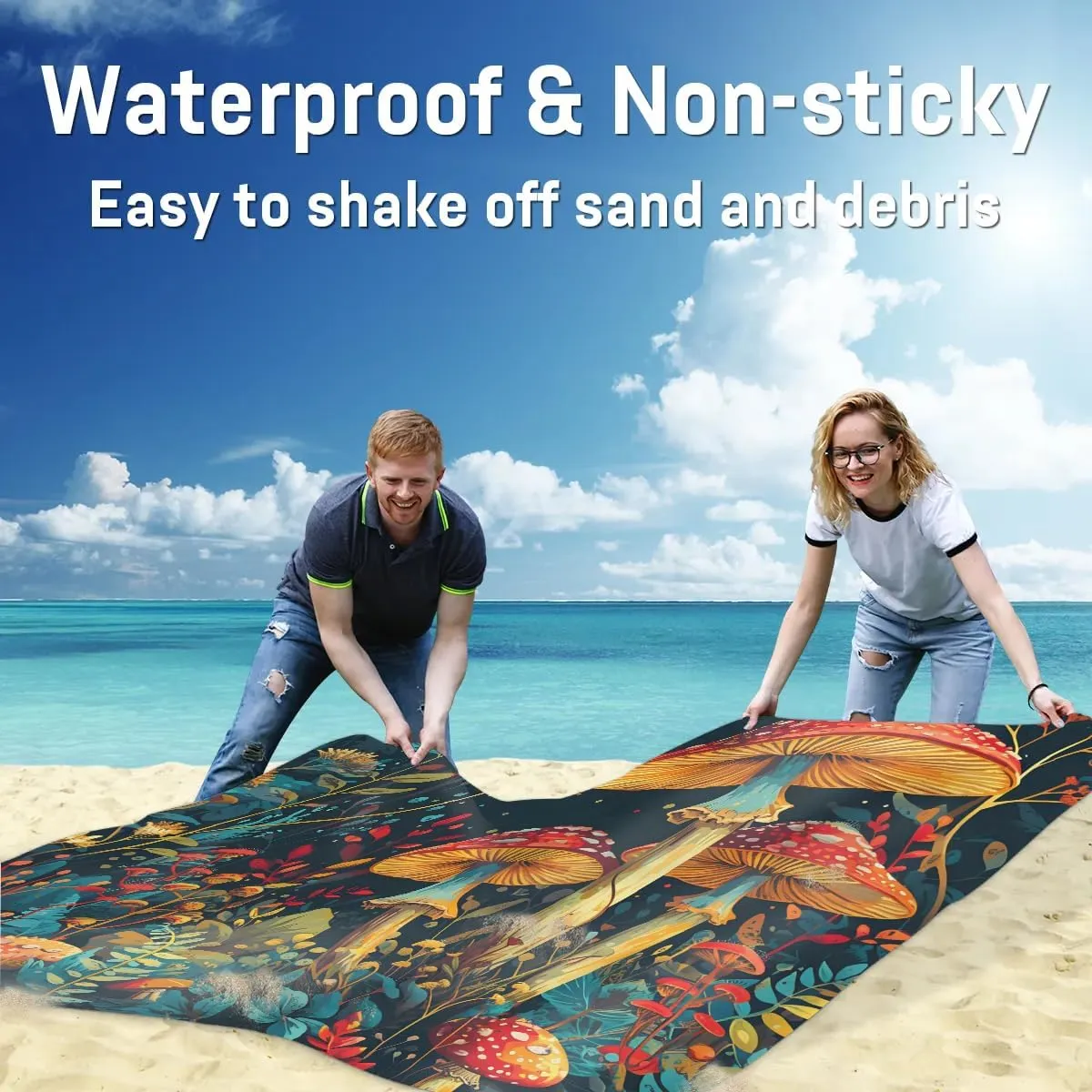 Beach Blanket, Mushrooms Wild Species Sandproof Beach Mat, Waterproof Quick Drying Sand Free Mat with 4 x Ground Spikes for Outdoor Travel Camping Hiking, Vintage Mushroom 68 x 59 in