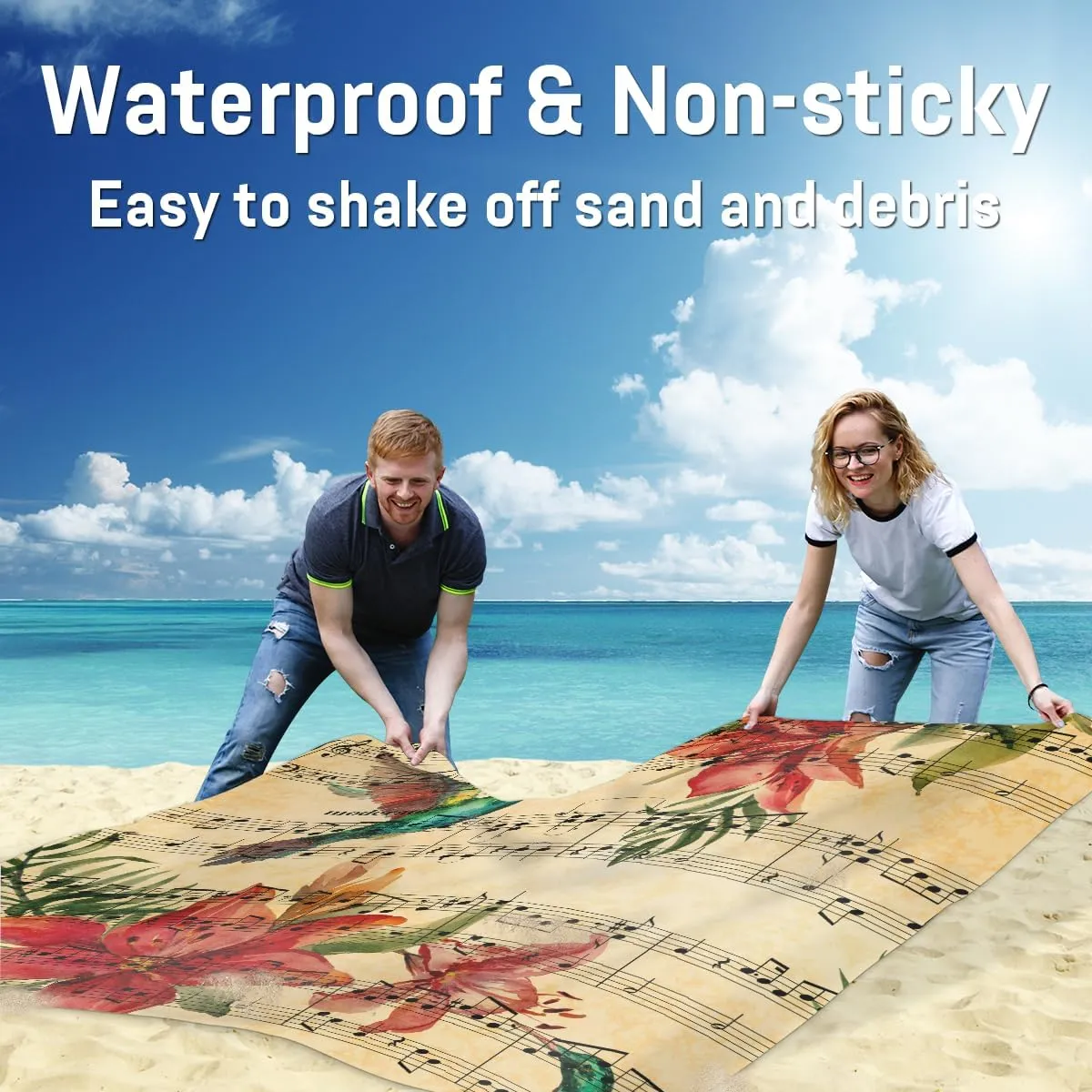 Beach Blanket, Music Note Sandproof Beach Mat, Waterproof Quick Drying Sand Free Mat with 4 x Ground Spikes for Outdoor Travel Camping Hiking, Hummingbird 68 x 59 in