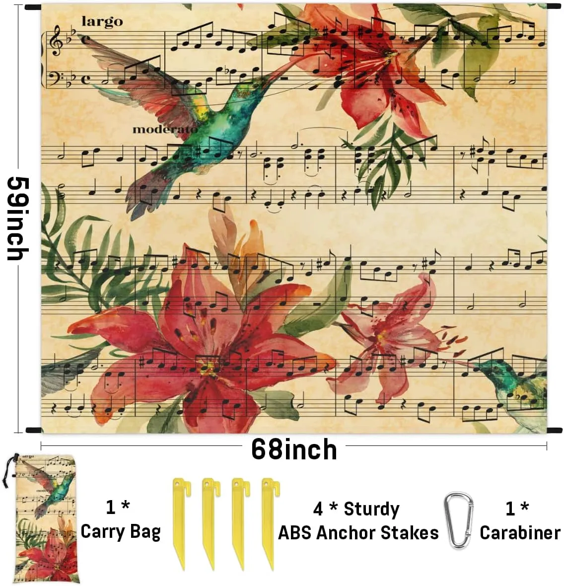 Beach Blanket, Music Note Sandproof Beach Mat, Waterproof Quick Drying Sand Free Mat with 4 x Ground Spikes for Outdoor Travel Camping Hiking, Hummingbird 68 x 59 in