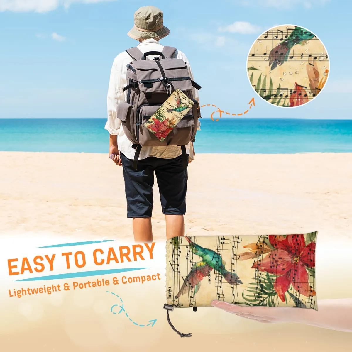 Beach Blanket, Music Note Sandproof Beach Mat, Waterproof Quick Drying Sand Free Mat with 4 x Ground Spikes for Outdoor Travel Camping Hiking, Hummingbird 68 x 59 in