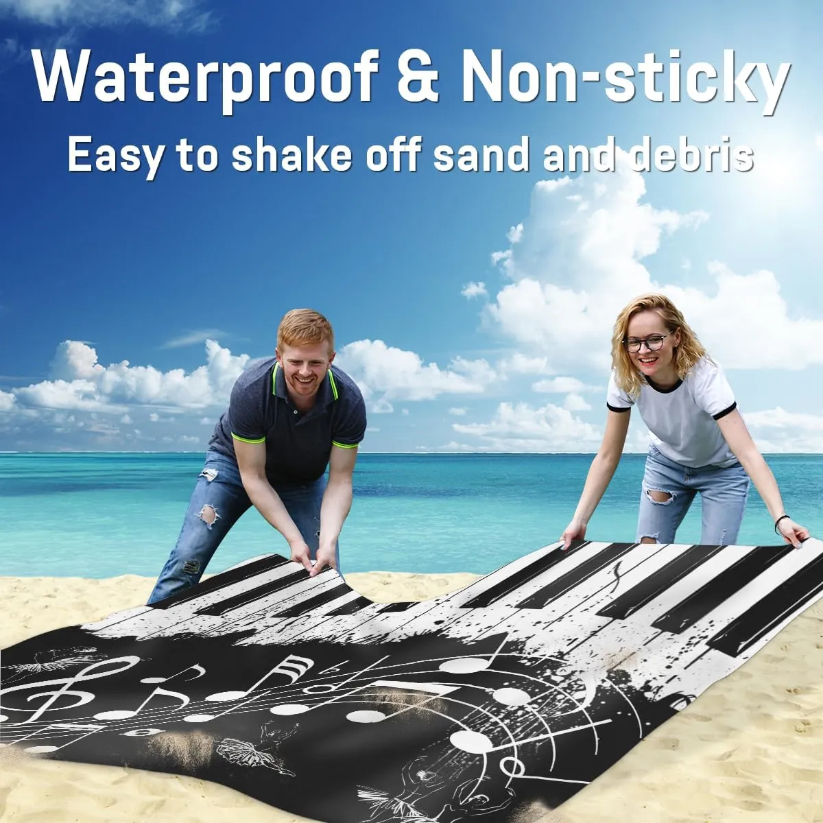 Beach Blanket, Music Note Sandproof Beach Mat, Waterproof Quick Drying Sand Free Mat with 4 x Ground Spikes for Outdoor Travel Camping Hiking, Piano Themed 68 x 59 in