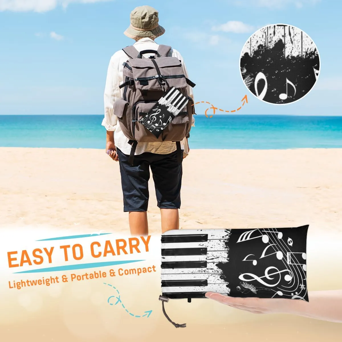 Beach Blanket, Music Note Sandproof Beach Mat, Waterproof Quick Drying Sand Free Mat with 4 x Ground Spikes for Outdoor Travel Camping Hiking, Piano Themed 68 x 59 in
