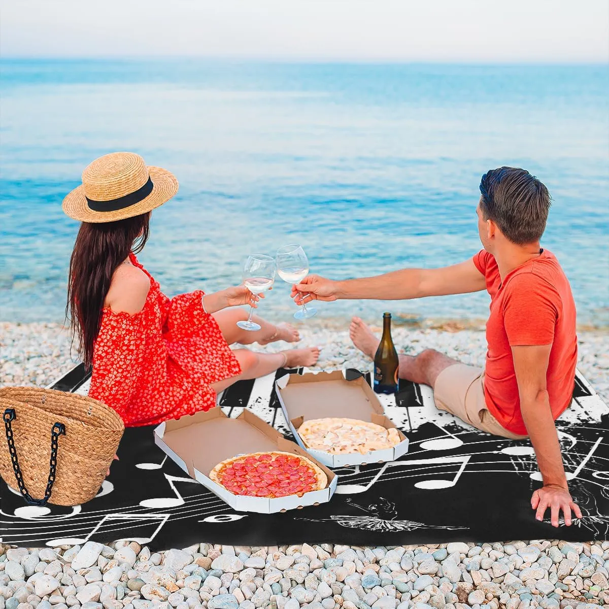 Beach Blanket, Music Note Sandproof Beach Mat, Waterproof Quick Drying Sand Free Mat with 4 x Ground Spikes for Outdoor Travel Camping Hiking, Piano Themed 68 x 59 in