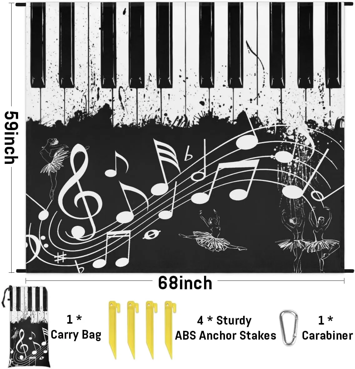 Beach Blanket, Music Note Sandproof Beach Mat, Waterproof Quick Drying Sand Free Mat with 4 x Ground Spikes for Outdoor Travel Camping Hiking, Piano Themed 68 x 59 in