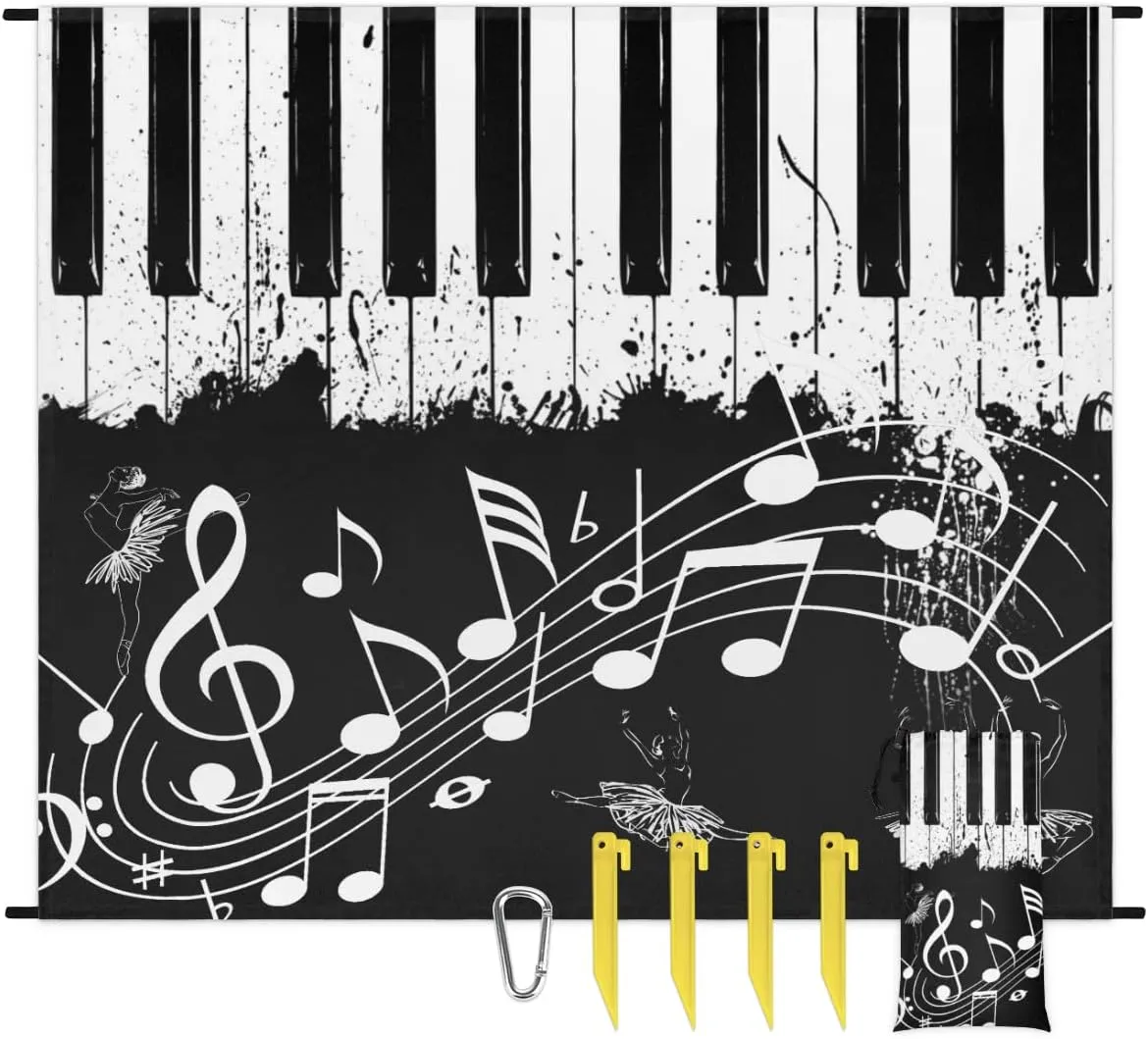Beach Blanket, Music Note Sandproof Beach Mat, Waterproof Quick Drying Sand Free Mat with 4 x Ground Spikes for Outdoor Travel Camping Hiking, Piano Themed 68 x 59 in