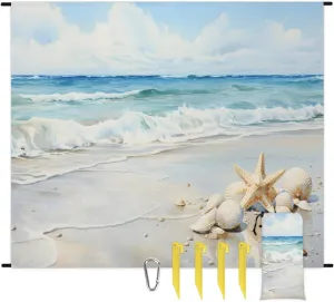 Beach Blanket, Ocean Starfish Shell Sandproof Beach Mat, Waterproof Quick Drying Sand Free Mat with 4 x Ground Spikes for Outdoor Travel Camping Hiking, Beach 68 x 59 in