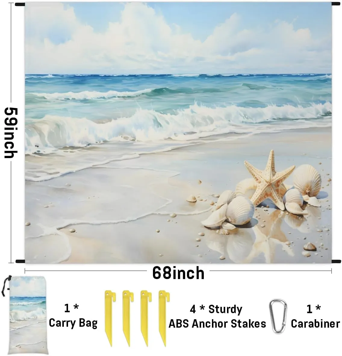 Beach Blanket, Ocean Starfish Shell Sandproof Beach Mat, Waterproof Quick Drying Sand Free Mat with 4 x Ground Spikes for Outdoor Travel Camping Hiking, Beach 68 x 59 in