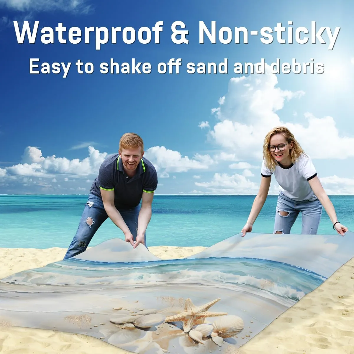 Beach Blanket, Ocean Starfish Shell Sandproof Beach Mat, Waterproof Quick Drying Sand Free Mat with 4 x Ground Spikes for Outdoor Travel Camping Hiking, Beach 68 x 59 in