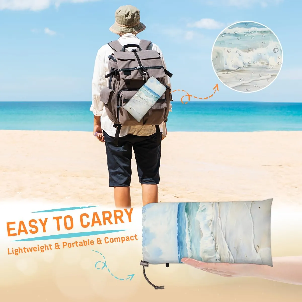 Beach Blanket, Ocean Starfish Shell Sandproof Beach Mat, Waterproof Quick Drying Sand Free Mat with 4 x Ground Spikes for Outdoor Travel Camping Hiking, Beach 68 x 59 in