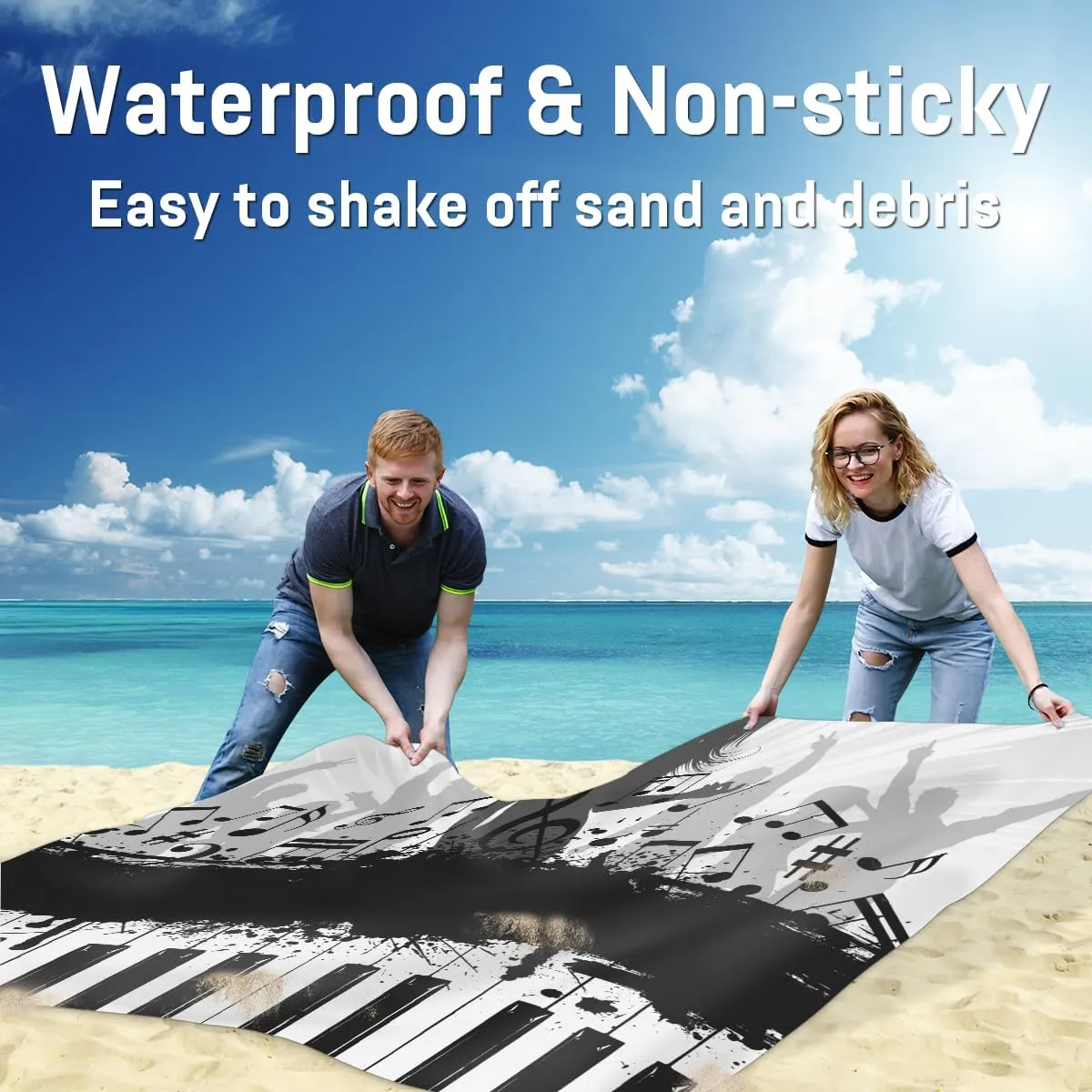 Beach Blanket, Piano Keyboard Sandproof Beach Mat, Waterproof Quick Drying Sand Free Mat with 4 x Ground Spikes for Outdoor Travel Camping Hiking, Music 68 x 59 in