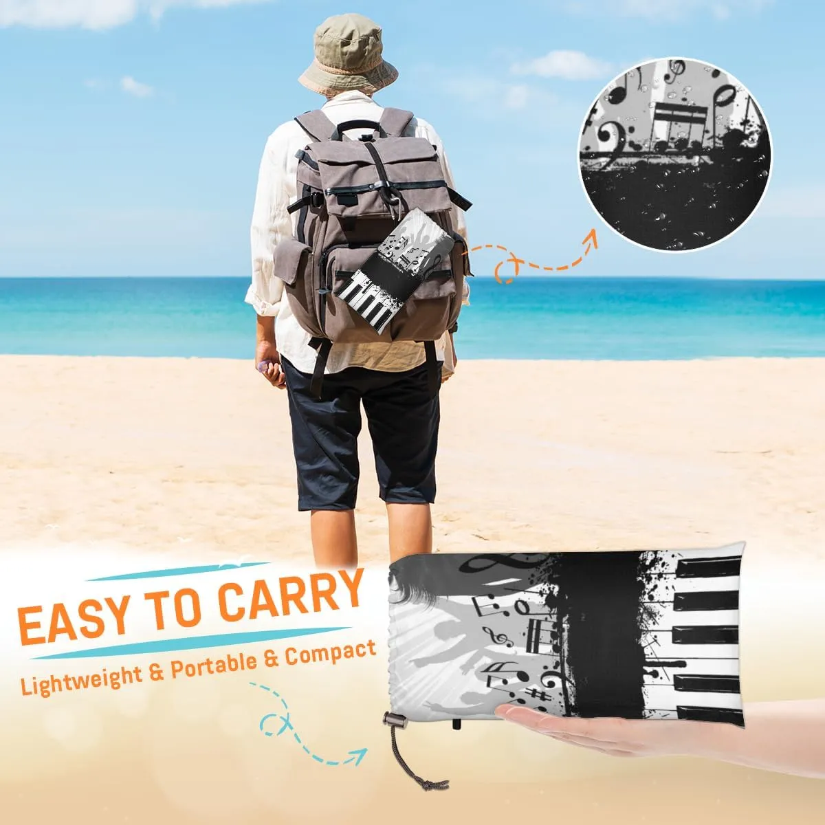Beach Blanket, Piano Keyboard Sandproof Beach Mat, Waterproof Quick Drying Sand Free Mat with 4 x Ground Spikes for Outdoor Travel Camping Hiking, Music 68 x 59 in