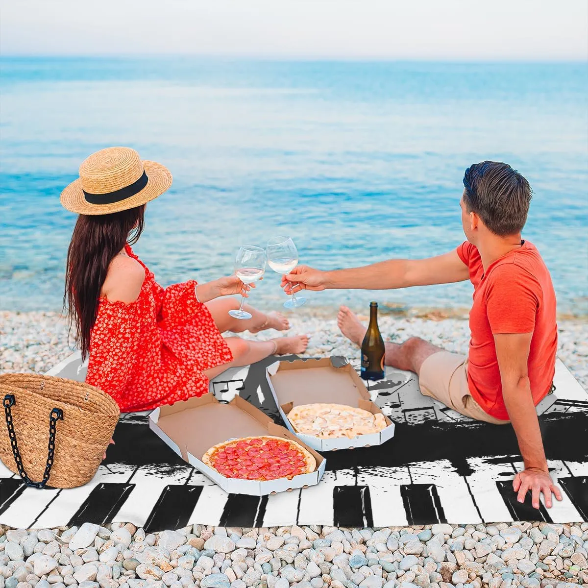 Beach Blanket, Piano Keyboard Sandproof Beach Mat, Waterproof Quick Drying Sand Free Mat with 4 x Ground Spikes for Outdoor Travel Camping Hiking, Music 68 x 59 in
