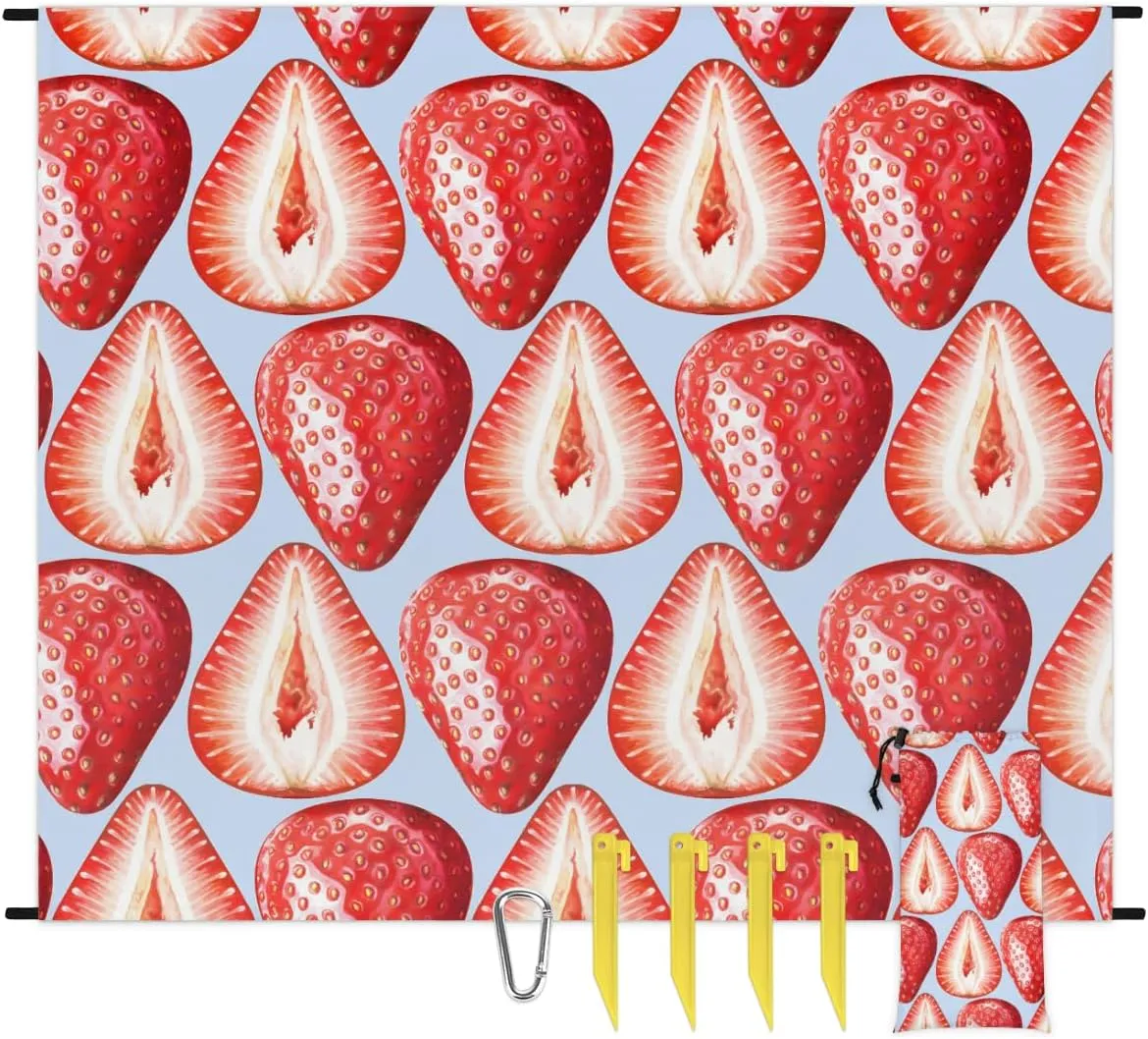 Beach Blanket, Red Strawberry Sandproof Beach Mat, Waterproof Quick Drying Sand Free Mat with 4 x Ground Spikes for Outdoor Travel Camping Hiking, Strawberry 68 x 59 in