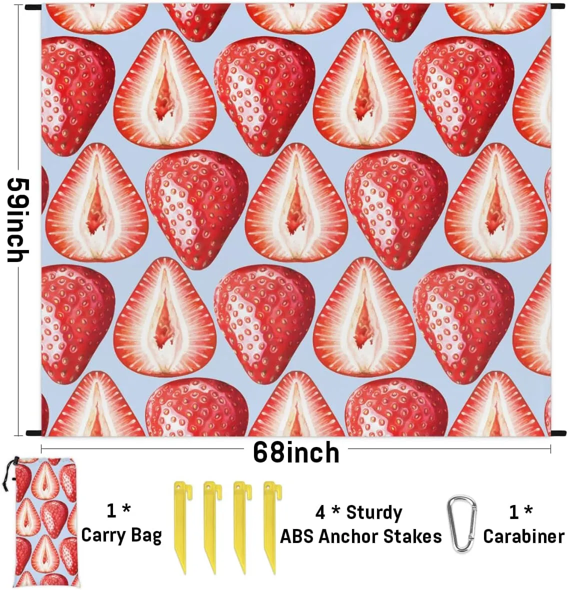 Beach Blanket, Red Strawberry Sandproof Beach Mat, Waterproof Quick Drying Sand Free Mat with 4 x Ground Spikes for Outdoor Travel Camping Hiking, Strawberry 68 x 59 in