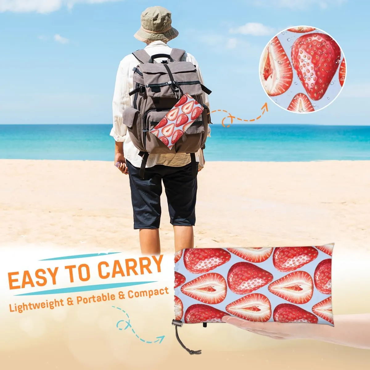 Beach Blanket, Red Strawberry Sandproof Beach Mat, Waterproof Quick Drying Sand Free Mat with 4 x Ground Spikes for Outdoor Travel Camping Hiking, Strawberry 68 x 59 in