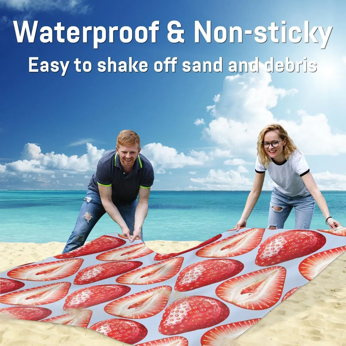Beach Blanket, Red Strawberry Sandproof Beach Mat, Waterproof Quick Drying Sand Free Mat with 4 x Ground Spikes for Outdoor Travel Camping Hiking, Strawberry 68 x 59 in