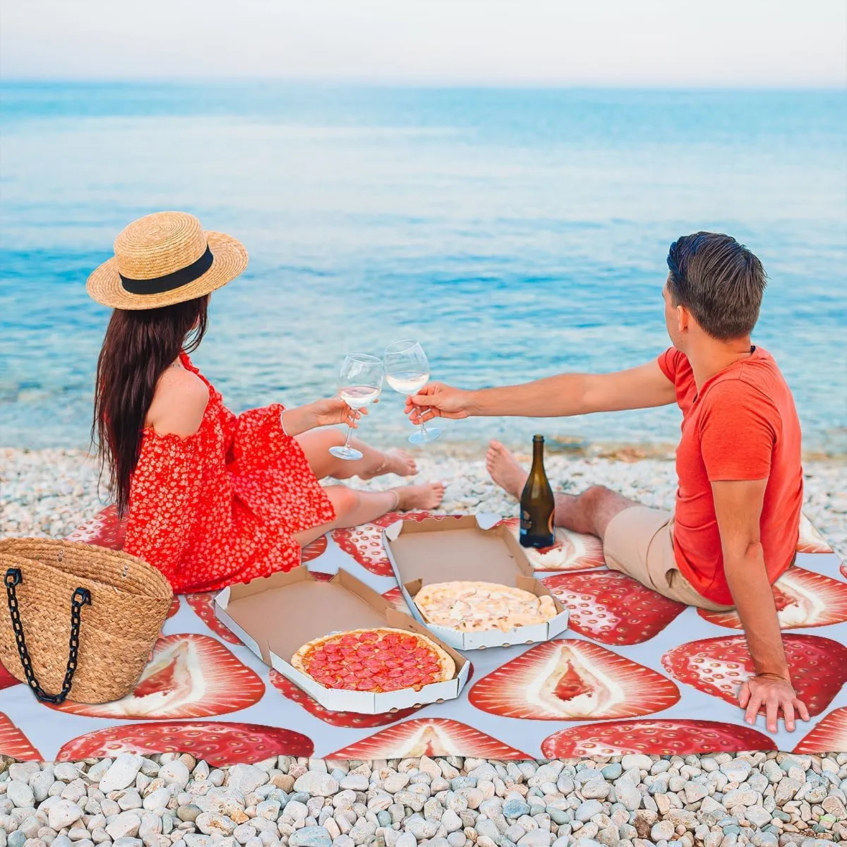 Beach Blanket, Red Strawberry Sandproof Beach Mat, Waterproof Quick Drying Sand Free Mat with 4 x Ground Spikes for Outdoor Travel Camping Hiking, Strawberry 68 x 59 in
