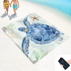 Beach Blanket Sand Proof Waterproof Oversized 100" x 80" Sand Free Mat with Corner Pockets and Mesh Bag for Outdoor, Picnic, Travel, Beach Accessories Portable, Watercolor Turtle