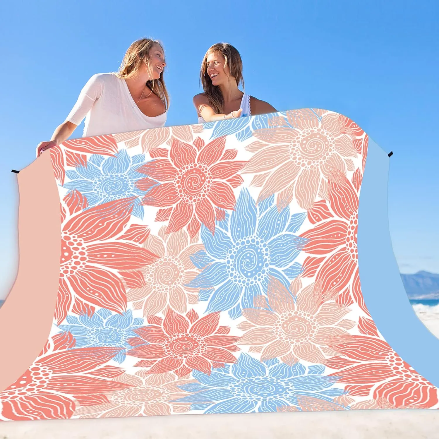 Beach Blanket Sandproof Extra Large Beach Mat Adults Waterproof Quick Drying Sand Free Mat Made by Premium Polyester with 4 Stakes & 4 Corner Pockets for Outdoor Travel Camping Hiking