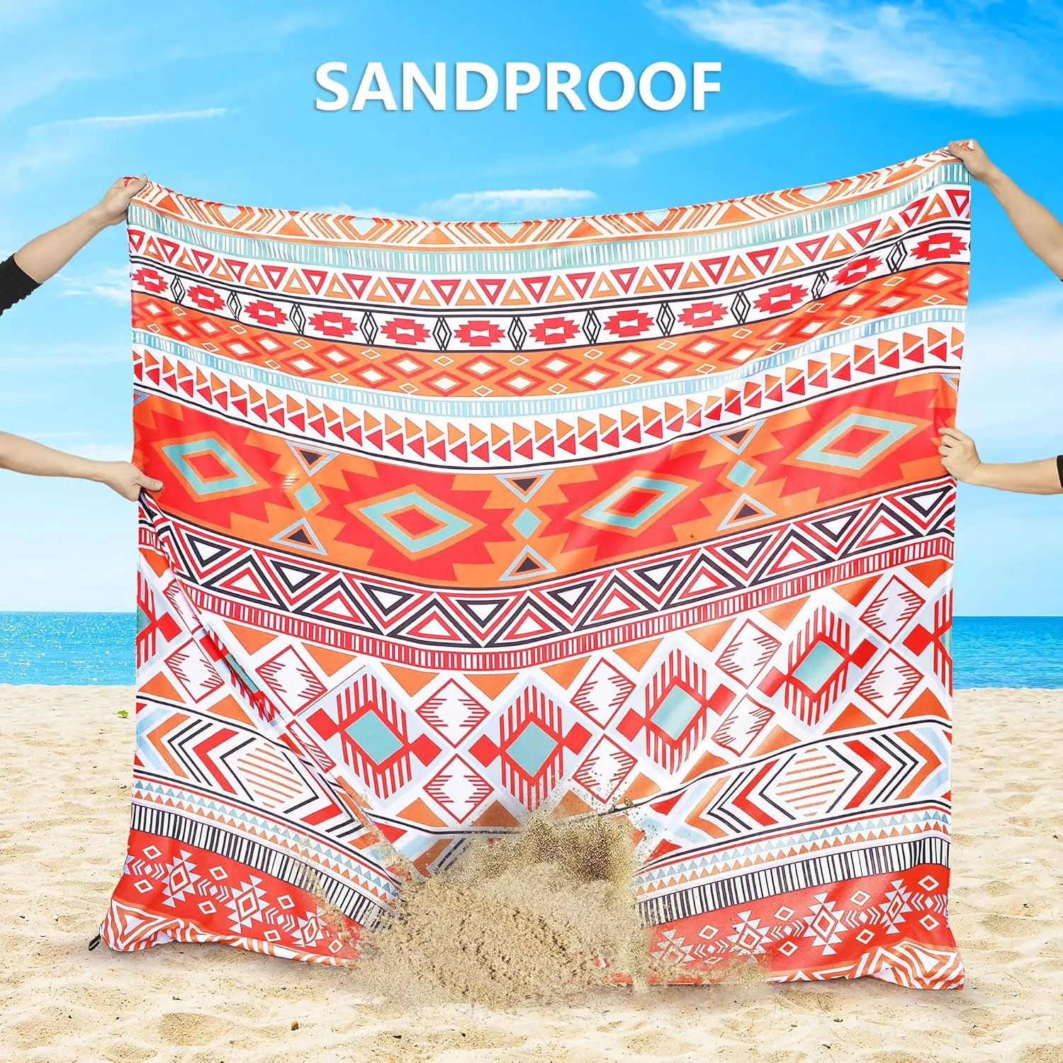 Beach Blanket Sandproof Extra Large Beach Mat Adults Waterproof Quick Drying Sand Free Mat Made by Premium Polyester with 4 Stakes & 4 Corner Pockets for Outdoor Travel Camping Hiking