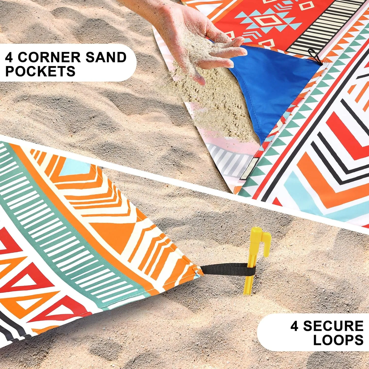Beach Blanket Sandproof Extra Large Beach Mat Adults Waterproof Quick Drying Sand Free Mat Made by Premium Polyester with 4 Stakes & 4 Corner Pockets for Outdoor Travel Camping Hiking
