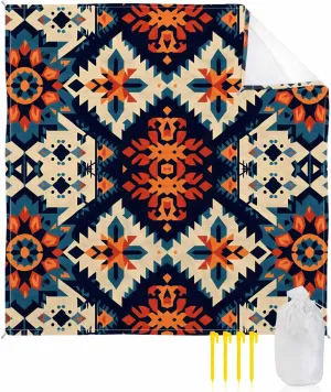 Beach Blanket Sandproof Waterproof Picnic Blankets Retro Indian Ethnic Style Extra Large Lightweight Outdoor Beach Mat with Corner Pockets for Travel/Camping/Hiking Ancient Patterns