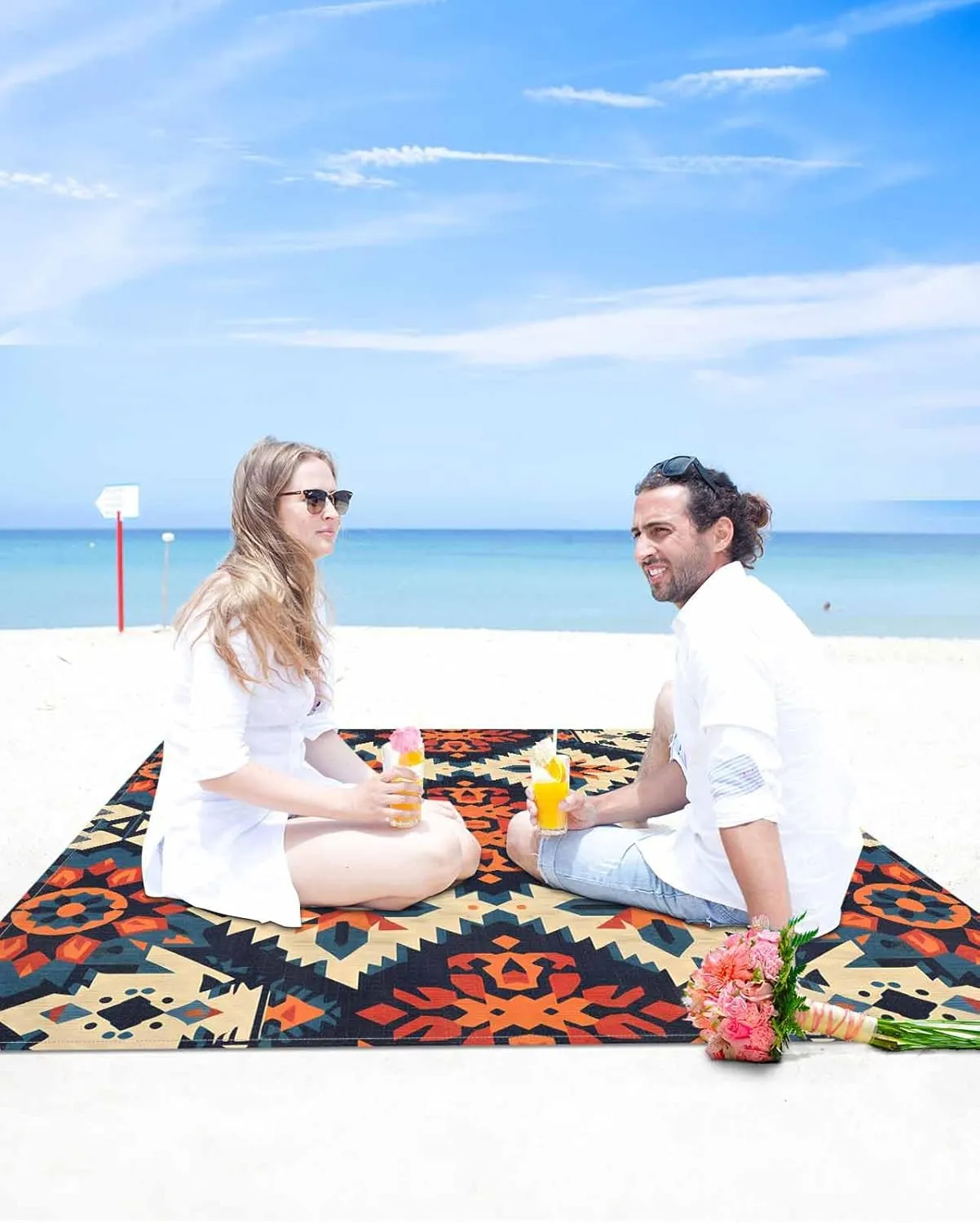 Beach Blanket Sandproof Waterproof Picnic Blankets Retro Indian Ethnic Style Extra Large Lightweight Outdoor Beach Mat with Corner Pockets for Travel/Camping/Hiking Ancient Patterns